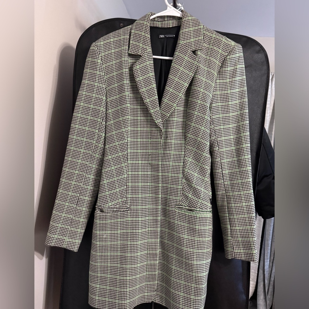 Zara Plaid Long Blazer in Green and Black